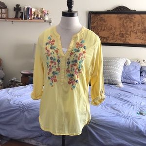 Yellow embroidered blouse / top.  Medium / large
